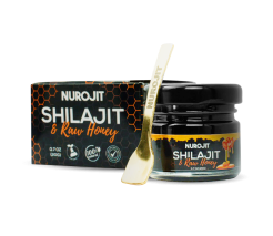 Jar of Nurojit Shilajit with Raw Honey and gold spoon.