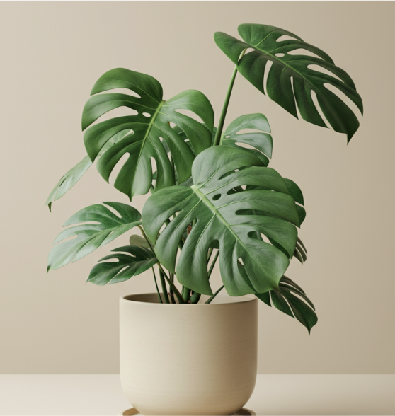 Monstera plant in a beige pot against a neutral background.