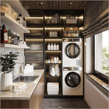 Modern laundry room with stacked washer and dryer, shelves, and a sink.