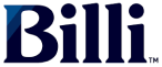 Billi logo with stylized blue shapes and text.