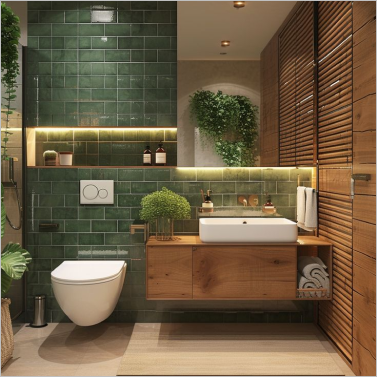Modern bathroom with green tiles, wood accents, and plants.