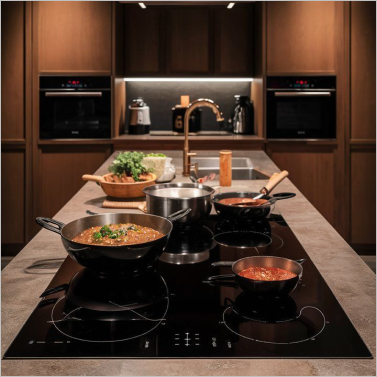 Modern kitchen with pots cooking on an induction stovetop, and a wooden countertop.