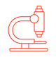 A red outline of a microscope icon on a blue background.