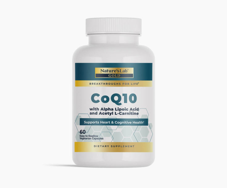 Nature’s Lab CoQ10 supplement bottle with Alpha Lipoic Acid and Acetyl L-Carnitine.