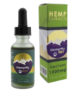 HempMy Pet tincture bottle and packaging, 1000mg hemp extract for pets.