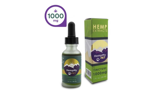 HempMy Pet hemp extract tincture bottle and box, labeled 1000mg.