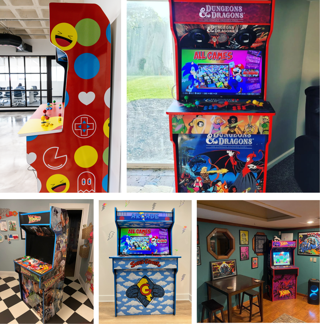 A collage of custom arcade cabinets featuring various vibrant themes and designs in different rooms.