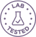 Circular 'Lab Tested' stamp with a beaker and check mark inside.