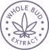 Circular emblem with a cannabis leaf labeled 'Whole Bud Extract'.