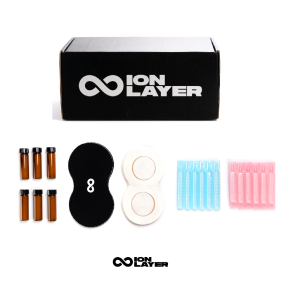 IonLayer product kit including vials, pads, and strips.