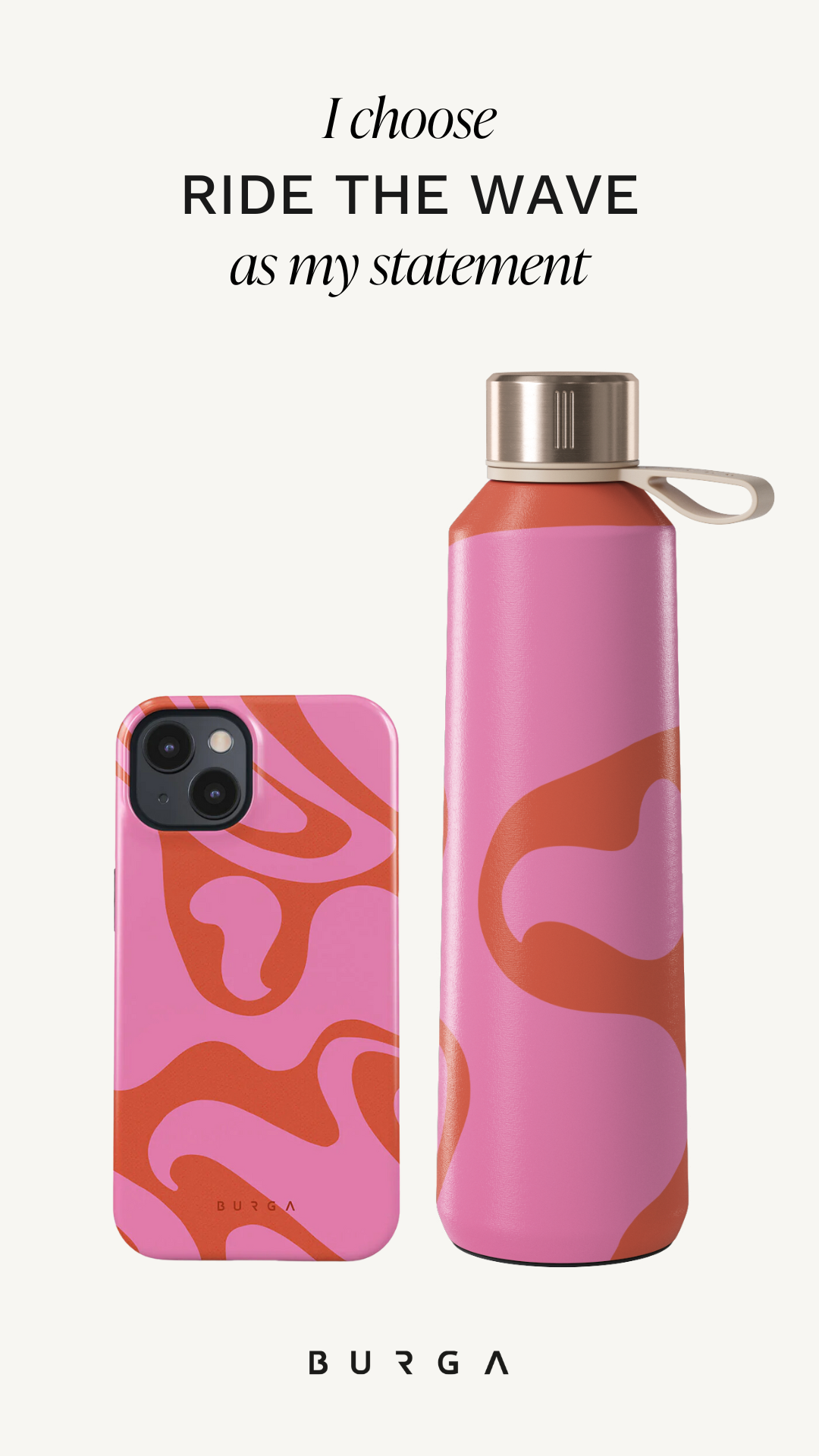 Pink and orange abstract phone case and matching water bottle.
