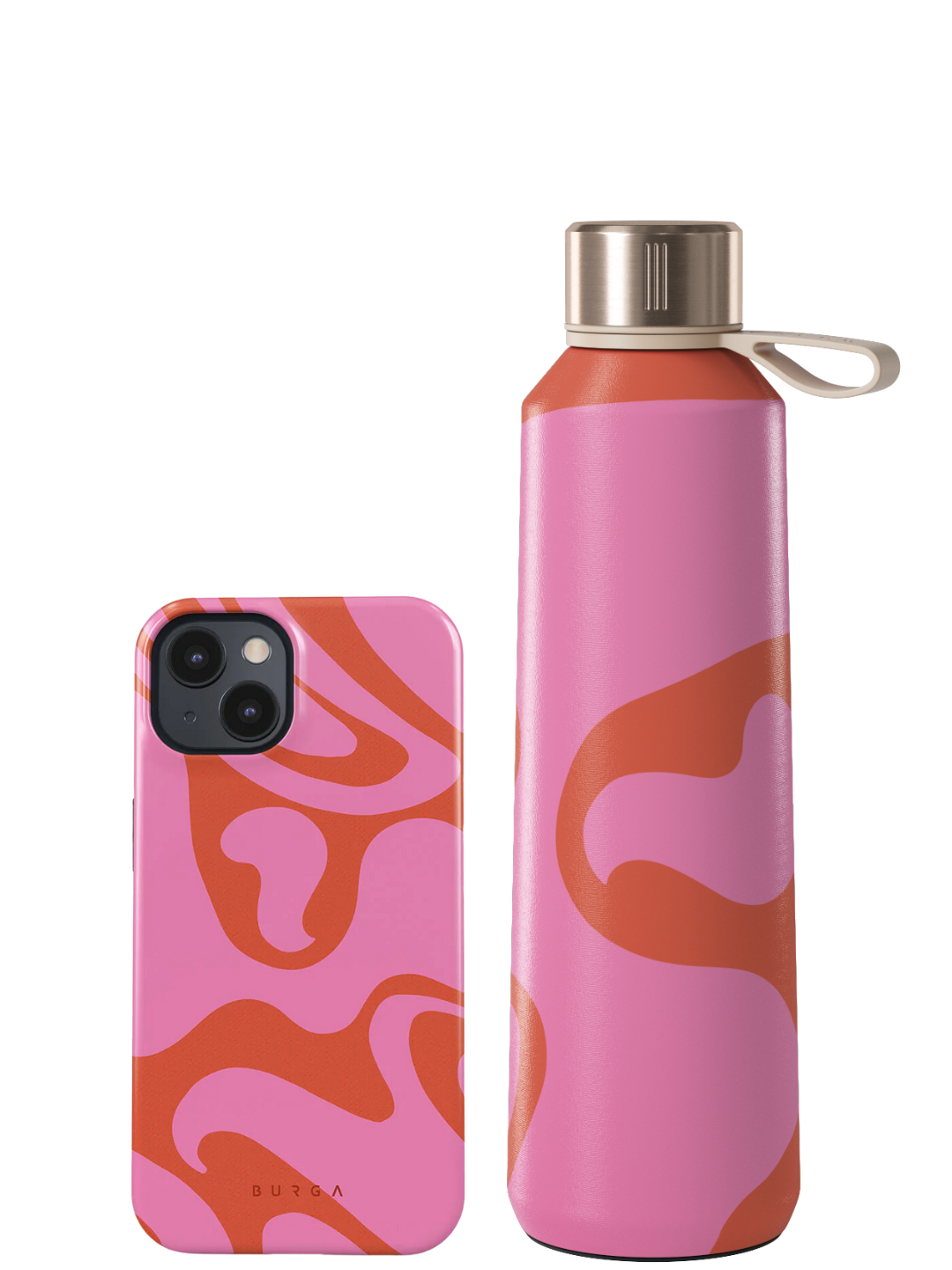 Pink and orange patterned phone case and water bottle set.
