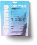 Gimme Creatine packaging with benefits and nutritional information displayed on the front.