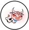 A cartoon cow with red eyes and a blue bow in a circular frame.