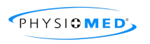 PhysioMed logo with blue and black text and an oval design.