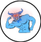 Blue cartoon minotaur with red eyes flexing muscles in a circular frame.