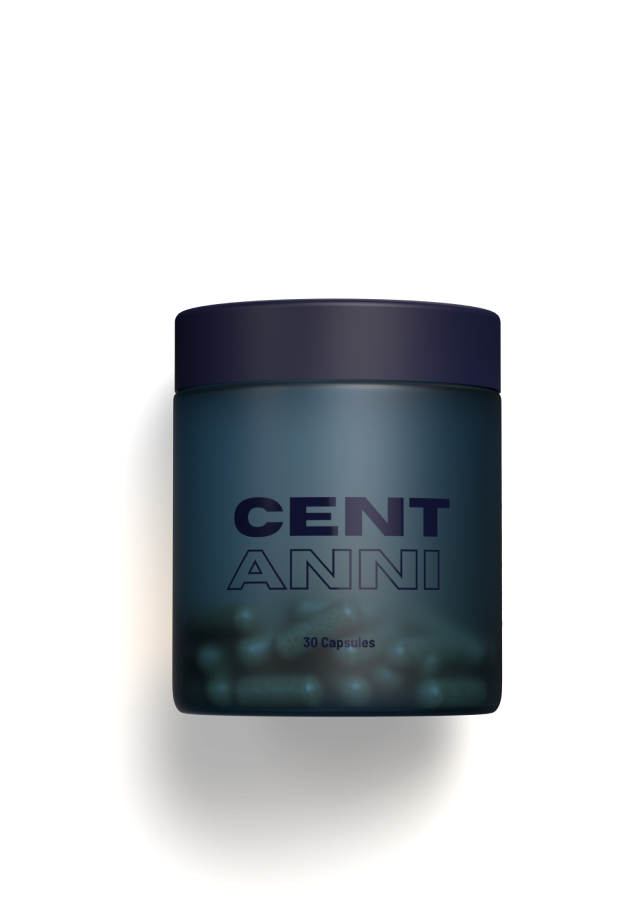 A dark blue jar labeled 'Cent Anni,' containing 30 capsules.