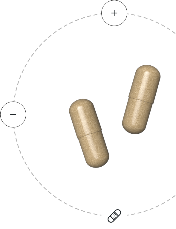 Two brown capsules encircled by plus and minus symbols with a bandage icon.