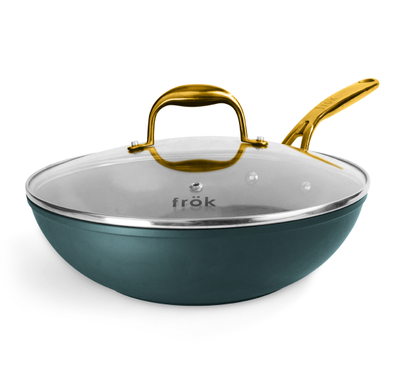 Teal wok with a glass lid and gold handles.