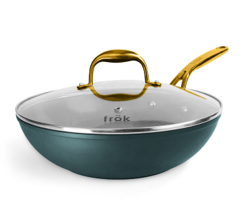 Modern turquoise wok with a glass lid and gold handles.