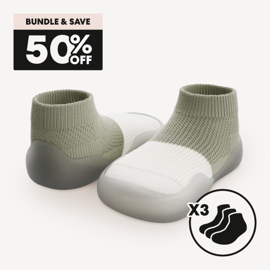 Green and white knit baby shoes with a '50% off' bundle deal displayed.