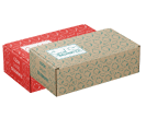 Two patterned cardboard boxes, one red and one brown with blue designs, side by side.