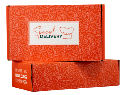 Stacked orange delivery boxes with 'Special Delivery' logo and cooking-themed pattern.