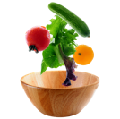 A wooden bowl with floating fresh vegetables and greens.