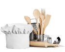 Cooking utensils, chef hat, and rolling pin displayed on a white background.