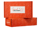 Two stacked red delivery boxes with white text and chef hat graphic.