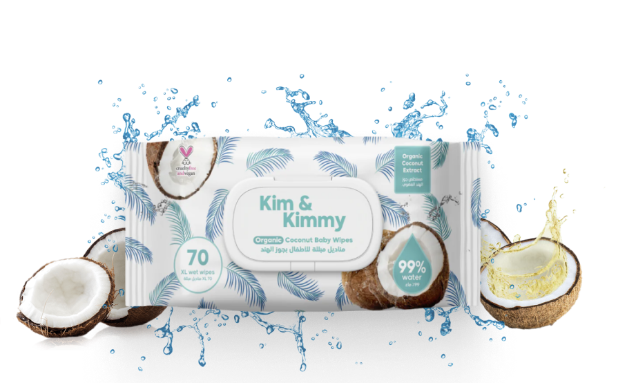 Package of Kim & Kimmy Organic Coconut Baby Wipes with coconut and water splash design.