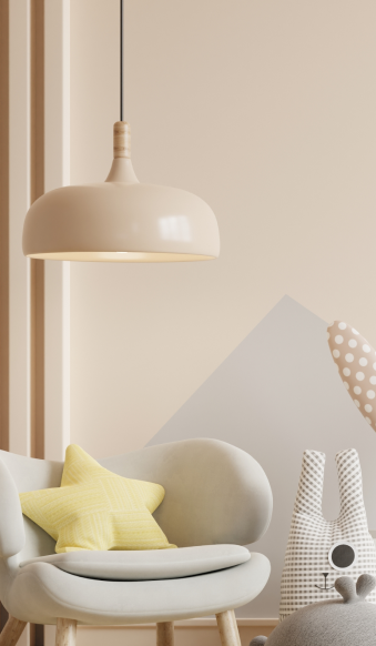 Modern cozy interior with beige hanging lamp, comfy chair, yellow cushion, and decorative items.