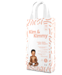 Package of Kim & Kimmy baby diapers with an image of a smiling baby on the front.