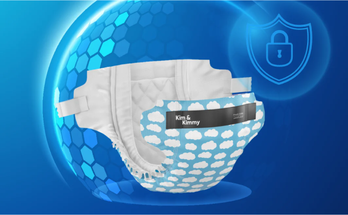 Disposable diaper with cloud pattern and 'Kim & Kimmy' label on a blue background.