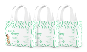 'Three packs of Kim & Kimmy eco-friendly baby diapers with green patterns.'
