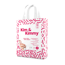 Package of Kim & Kimmy baby diapers with red design and baby image.