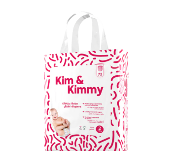 Package of Kim & Kimmy baby diapers with a baby image on the front.
