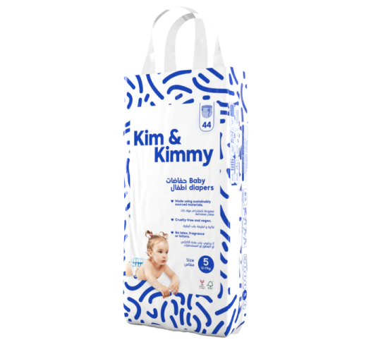 Pack of Kim & Kimmy baby diapers, size 5, with a baby picture on the front.