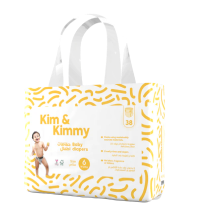 Kim & Kimmy ultra baby diapers in a white and yellow package with a child’s image and handle.