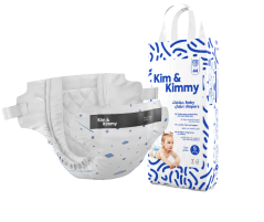 'Kim & Kimmy baby diapers with abstract blue design, shown packaged and individual.'