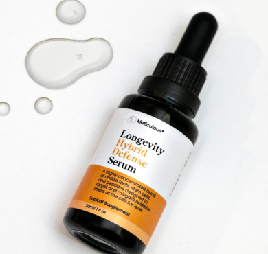 Longevity Hybrid Defense Serum with dropper and box packaging.