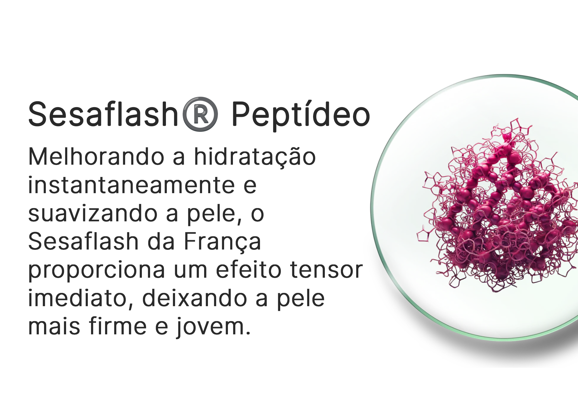 Sesaflash® Peptídeo ad featuring molecular structure and hydration benefits for skin.