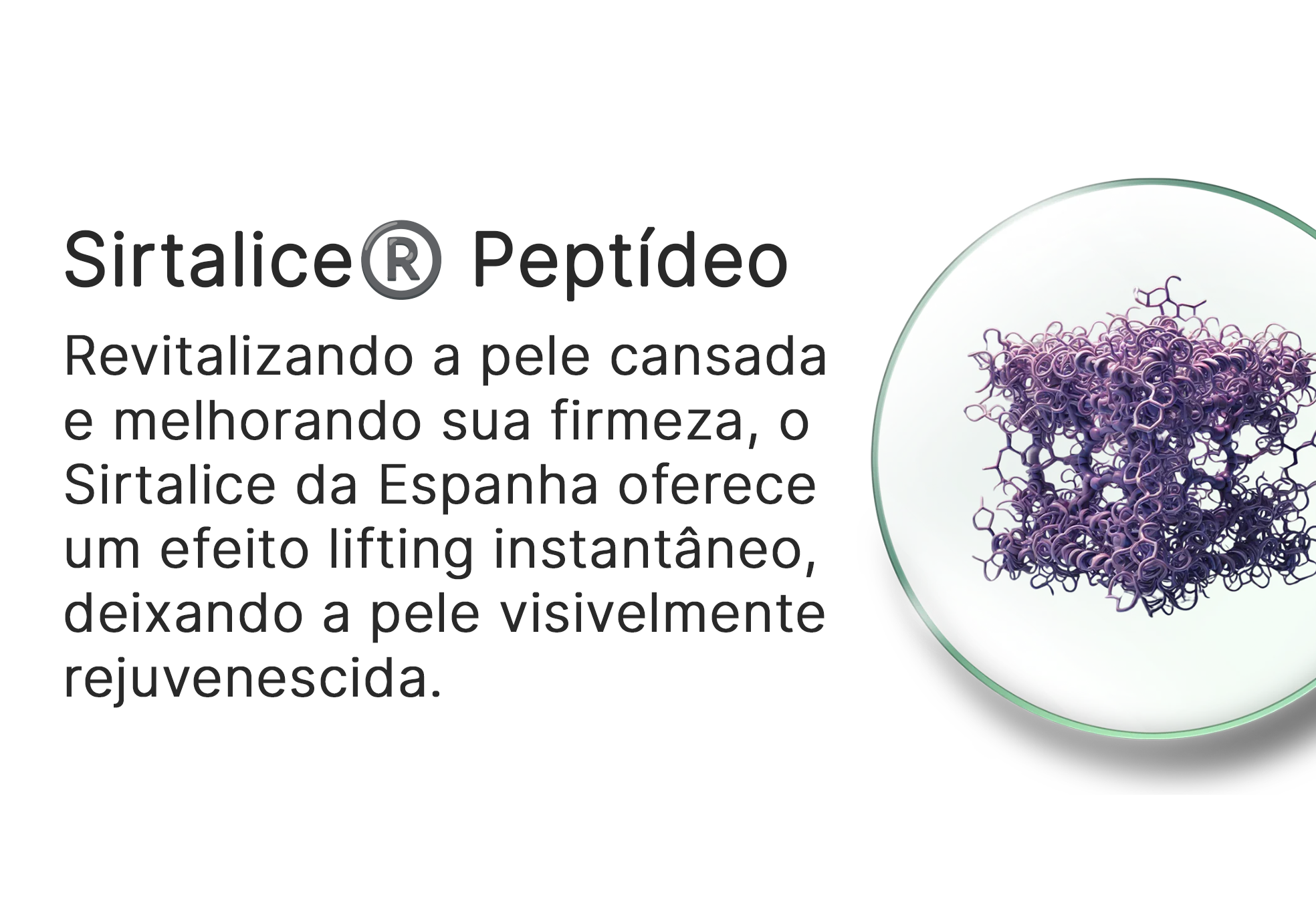 Text about Sirtalice® peptide benefits with a purple molecular structure illustration.