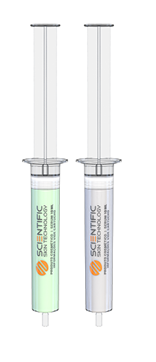 Two scientific syringes with gray tops and colorful labels.