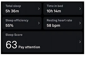 Sleep metrics showing total sleep, time in bed, efficiency, heart rate, and a sleep score.