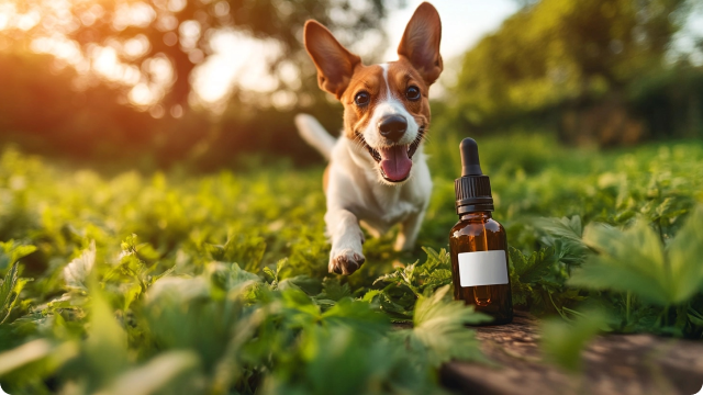 Happy dog running in grass near a small bottle with dropper.