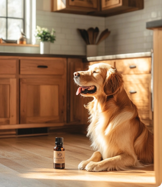 Golden retriever sitting in sunny kitchen beside a bottle of pet supplement.