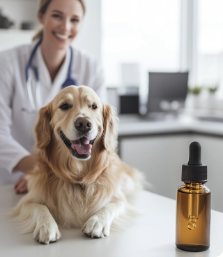 Golden retriever at a vet's office with a medicine dropper bottle.
