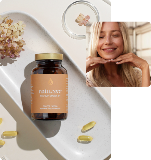 Bottle of omega-3 supplements on a tray with capsules and a smiling woman.