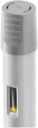 A close-up of a grey and white electronic device with a yellow indicator.